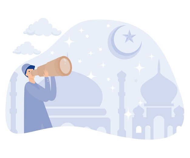 Vettore musulmani che cercano la luna nuova o hilal con i segnali del telescopio iniziano il mese sacro islamico