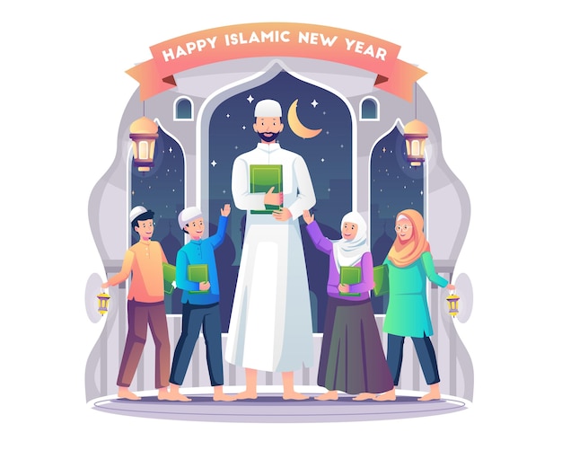 Vector muslim teacher is celebrating the islamic new year with students by reading the qur'an