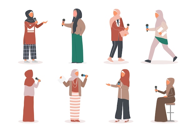 Vector muslim tv journalist or news reporter set. muslim character working on social media. reporter speaking using microphone.