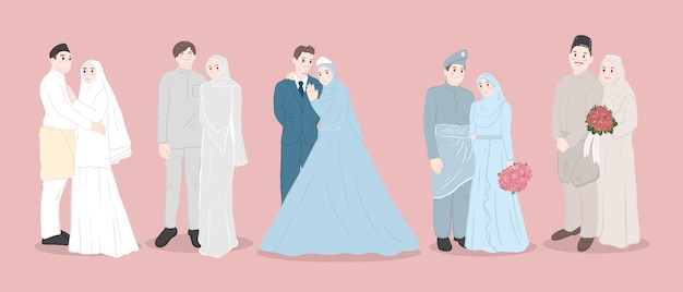 イスラム教徒の結婚式のカップルのキャラクターイスラム教徒のスタイルの新郎新婦
