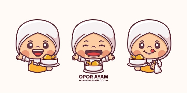 Vector muslim woman cartoon with opor ayam indonesian traditional food