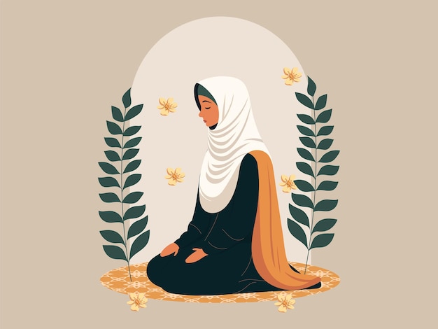 매트와 꽃 장식 배경 이슬람 종교 개념에기도 Namaz를 제공하는 이슬람 여성 캐릭터