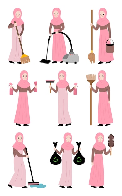 muslim woman cleaning vector flat concept illustration