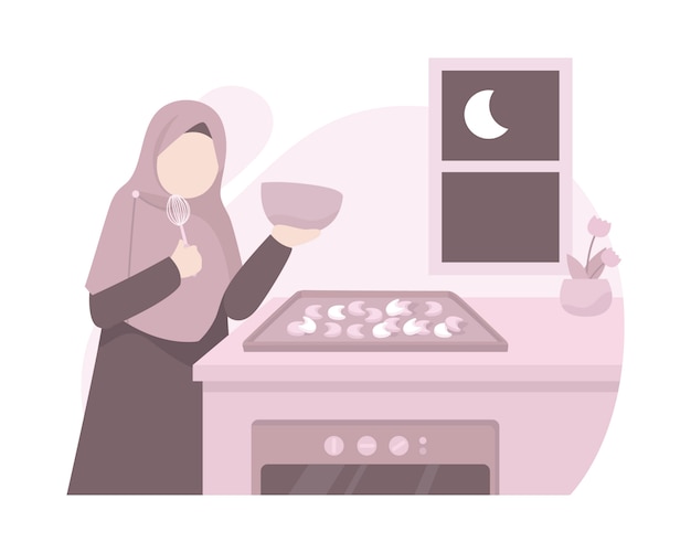 A Muslim Woman Cooks A Cakes In The Kitchen