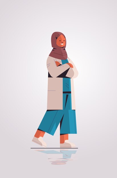 균일 한 아랍어 여성 의료 전문 서에서 이슬람 여자 의사 의학 의료 개념 전체 길이 수직 벡터 일러스트 레이 션 포즈