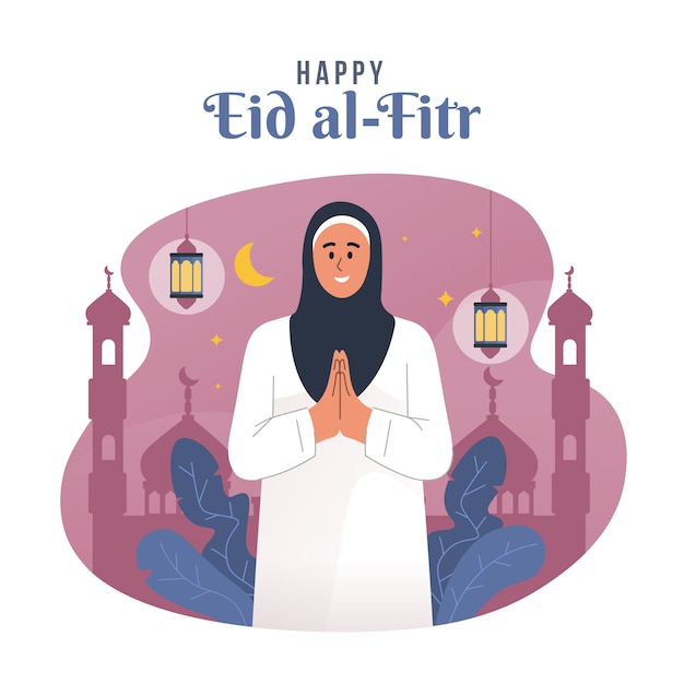 Muslim woman doing greeting gesture for celebrating eid mubarak