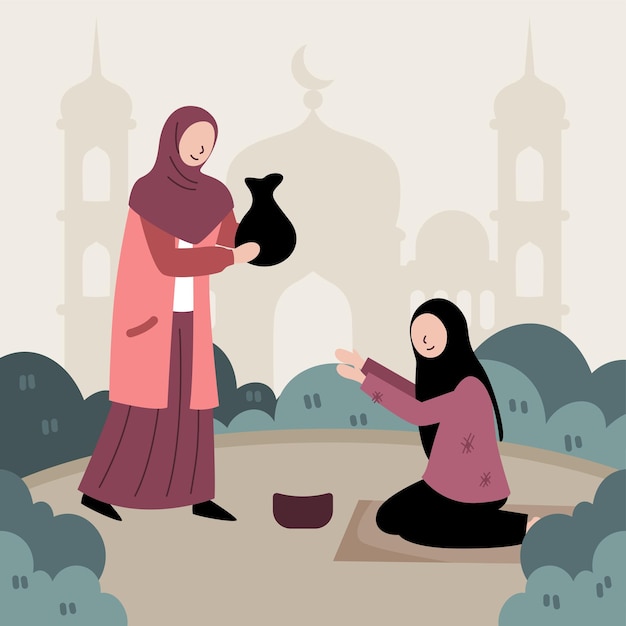 Vector muslim woman donate to poor people