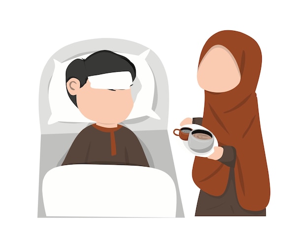 Vector muslim woman drinking coffee in bed with her husband vector illustration