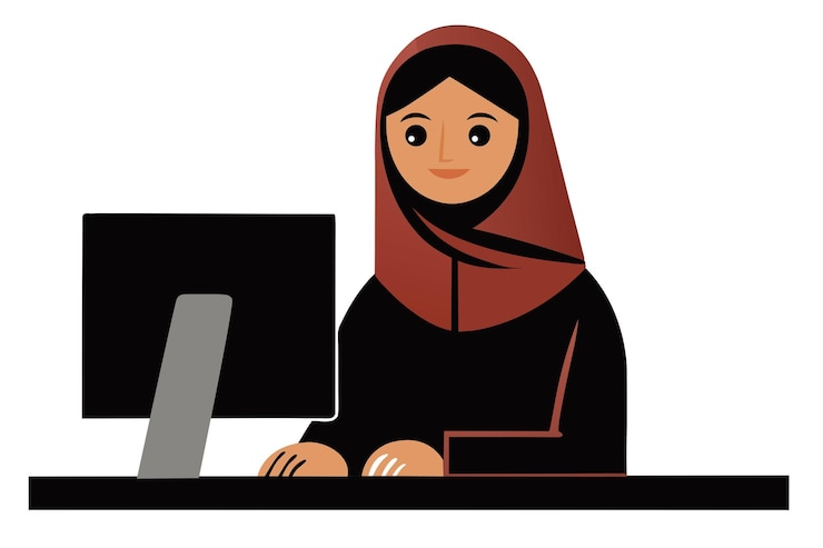 Vector muslim woman in hijab with computer remote work freelance concept