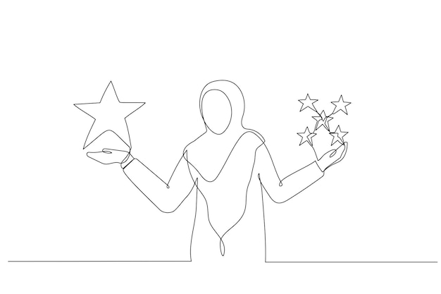 muslim woman holding comparing quality of stars Metaphor for quality vs quantity One line art