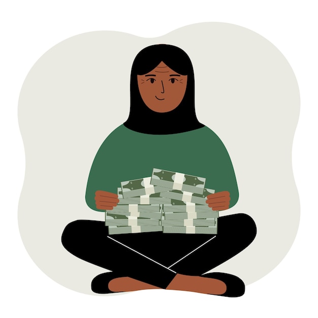 Vector a muslim woman holds bundles of cash money or banknotes in his hands successful business and finance concept illustration in flat style