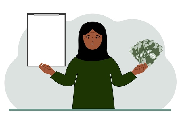 A muslim woman holds a lot of paper money in one hand and in the other a clipboard empty for text Concept for advertising banner or poster of earning or saving money