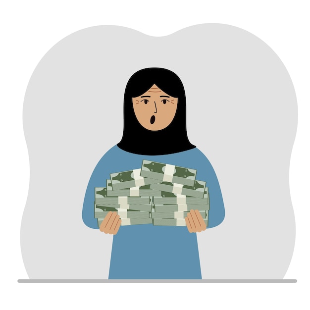 A muslim woman is holding a large pile of paper money