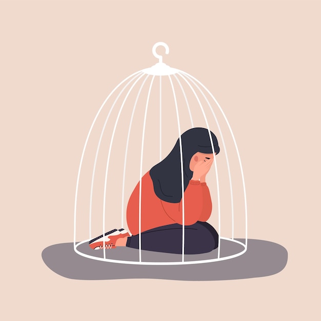 Muslim woman locked in cage. Social isolation concept.
