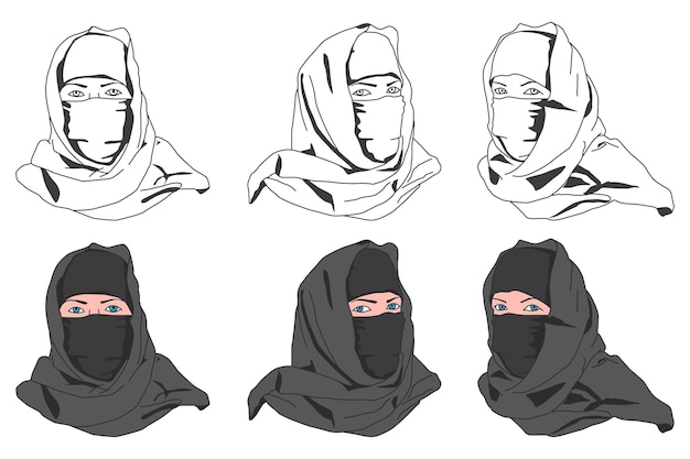 Muslim woman in niqab vector cartoon set isolated on a white background.