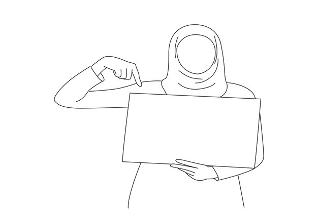 イスラム教徒の女性が側の白い空白のボードで指を指している孤立した線画のスタイル