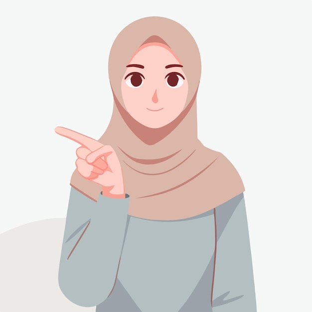 Vector muslim woman pointing a finger with a simple flat design style