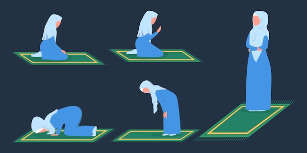 Muslim woman praying position. woman in traditinal clothes doing a religion ritual step by step.