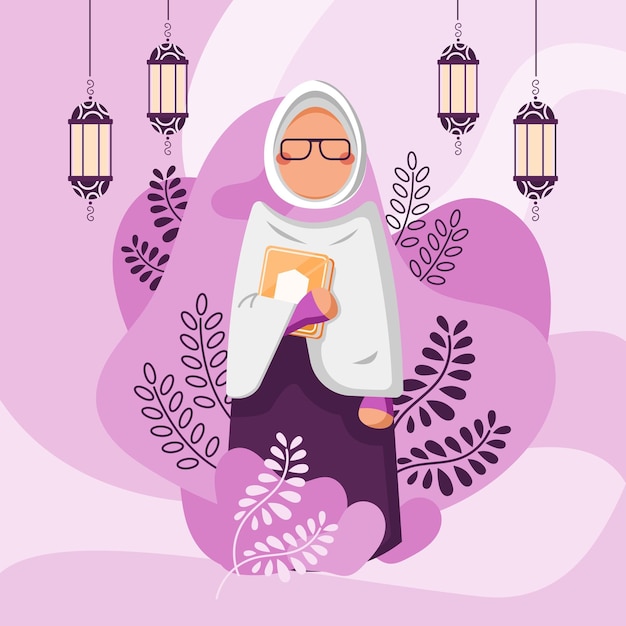 Vector muslim woman reading a quran on pink background