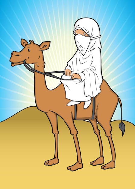 Muslim woman riding a camel on dessert