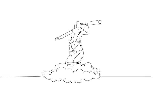 Muslim woman riding cloud while using telescope metaphor for business future