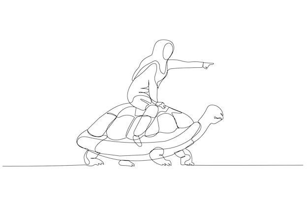 Muslim woman riding turtle that walk slowly concept of business development