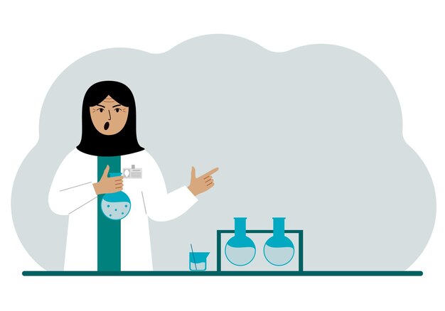 Muslim woman scientist with flasks Experimental scientist laboratory assistant biochemistry chemical scientific research Vector flat illustration for banner advertisement or web