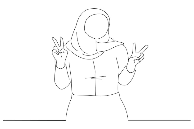 Muslim woman showing peace sign with fingers One line art