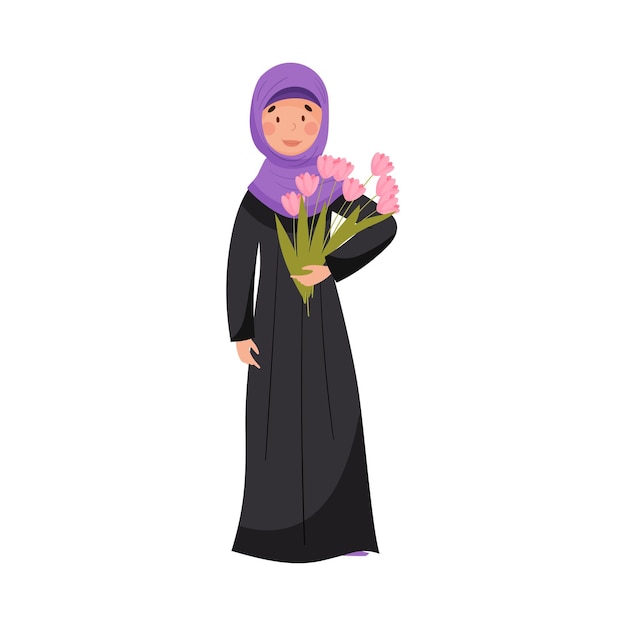 Muslim Woman Wearing Long Dress and Head Shawl Standing and Holding Flower Bouquet Vector Illustration