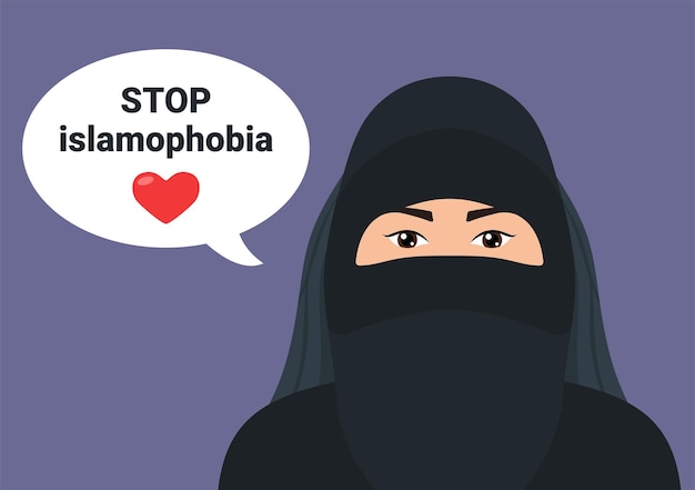 Muslim woman wearing nigab Stop islamophobia text