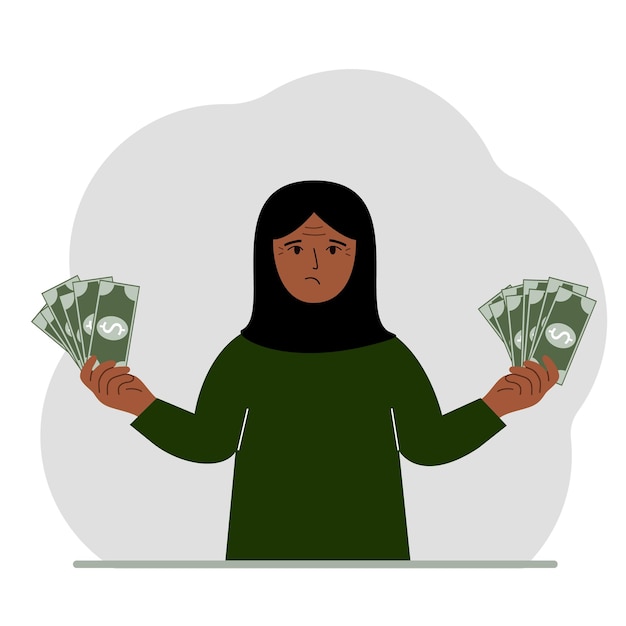 A muslim woman with banknotes in both hands The concept of wealth Vector