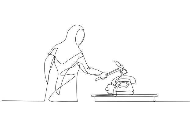 muslim woman with hammer smashing telephone concept of furious