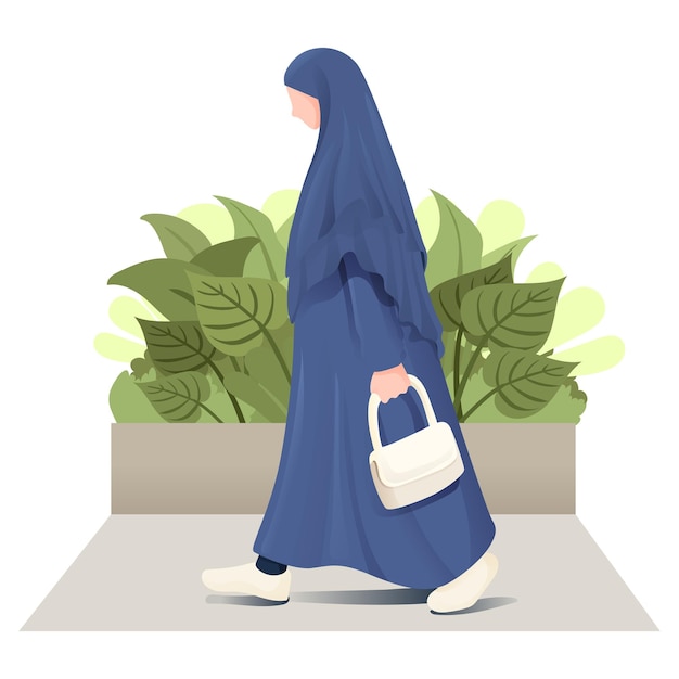 Vettore donna musulmana con l'hijab che cammina con la borsa di mano illustrazione di vista laterale