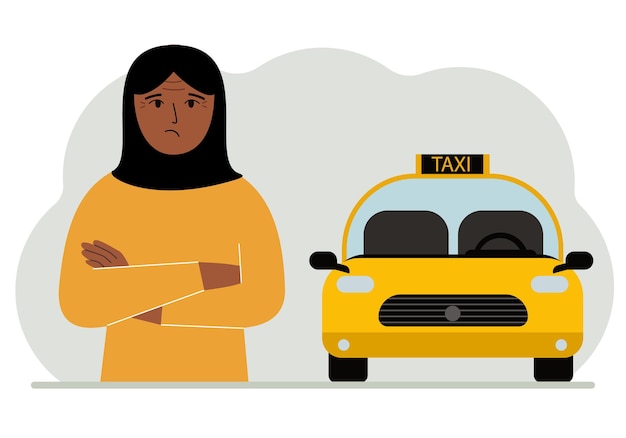 A muslim woman with his arms crossed near a yellow taxi car Vector