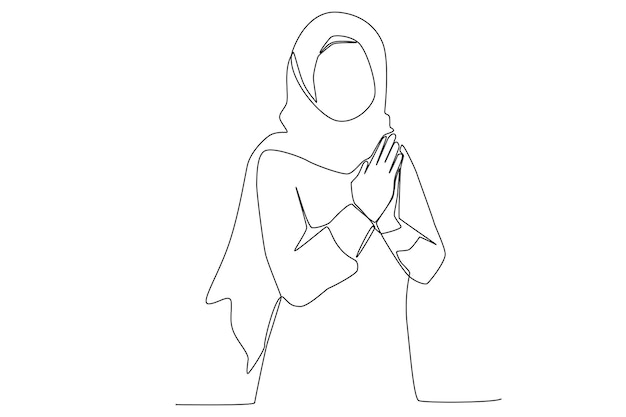 A Muslim woman with a long hijab giving a greeting in Ramadan one line art