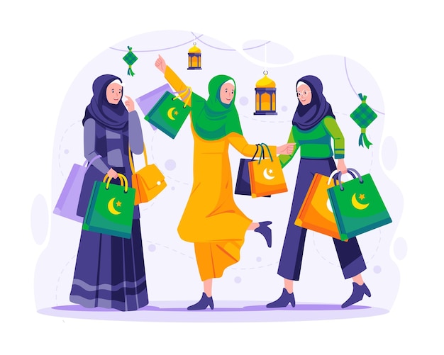 Muslim women are shopping on Ramadan Sale Eid Mubarak Ecommerce Online Shopping illustration