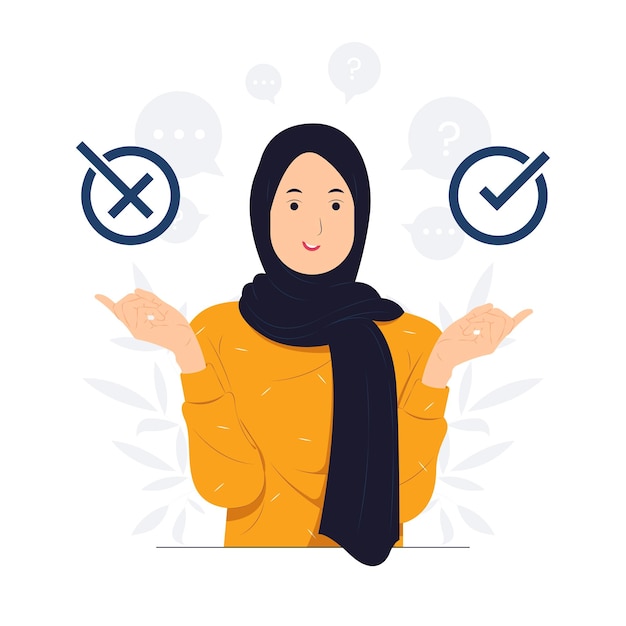 Muslim women choose between right or left yes or no Business decisions ethical dilemma choice undecided concept illustration