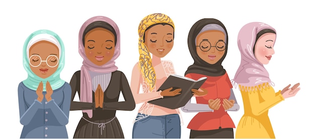 Vector muslim women group a gesture of respect prayer and worship for ramadan muslim