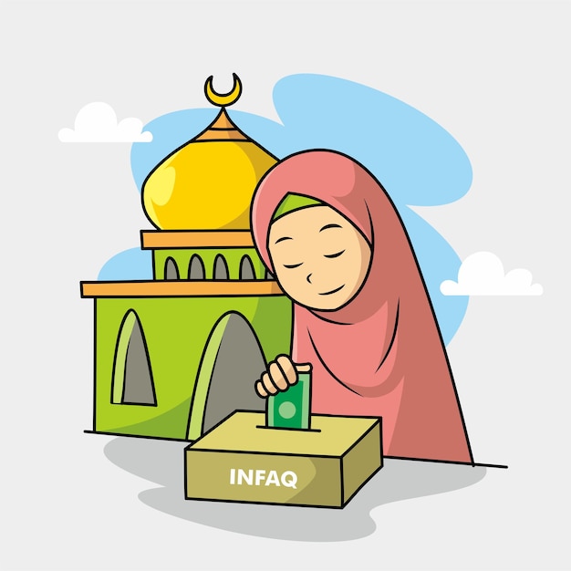 Muslim women in hijab put money in charity boxes in front of the mosque