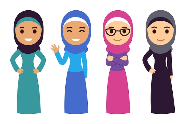 Muslim women set cute cartoon arab girls in traditional dress businesswomen collection
