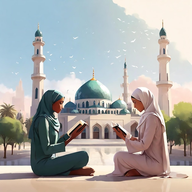 ムスリム女性が座ってコーランを握りモスクの背景を眺めています