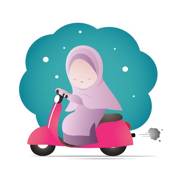 Muslim women wearing headscarf hijab riding motorbike cartoon character design.