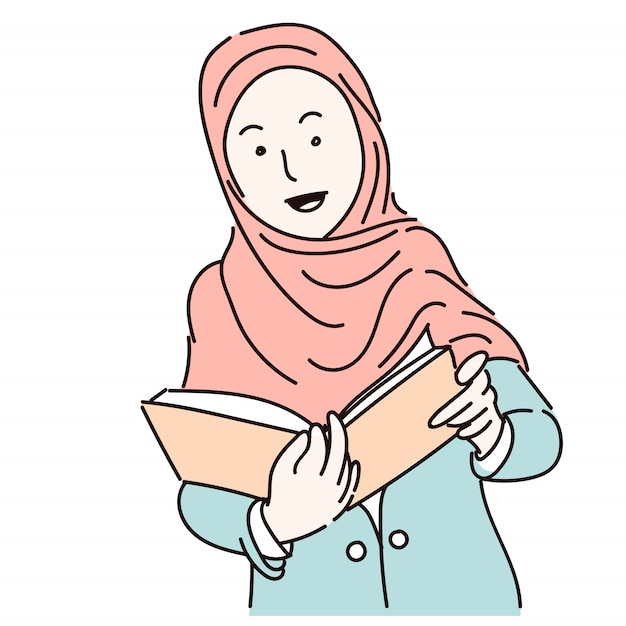 Muslim women wearing hijab holding a book, Cartoon  illustration