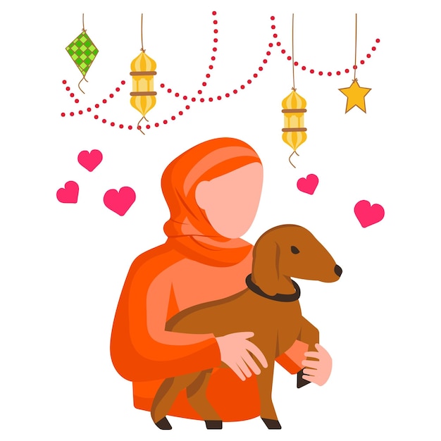 Muslim women wearing hijab and Holding cute Goat Concept Village Girl Cuddling Small Sheep Vector