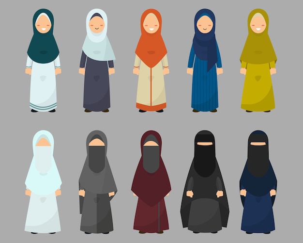 Vector muslim women with diverse dress styles set.