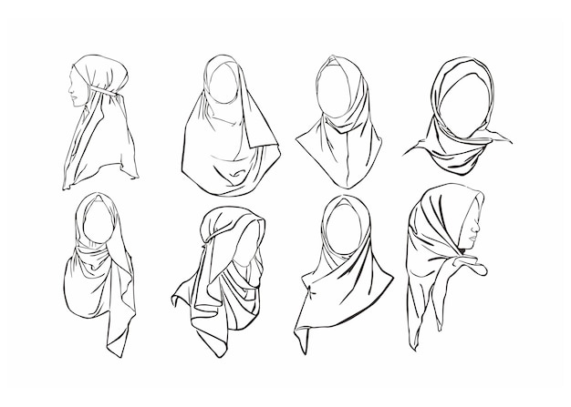 Vector muslim womens hijab fashion style with line art style