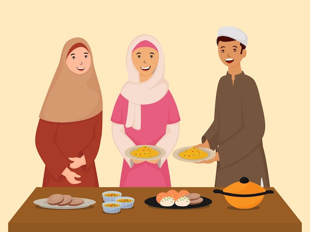 이슬람 어린 소년과 소녀가 Iftar 또는 Suhoor 식사를 즐기고 있습니다.