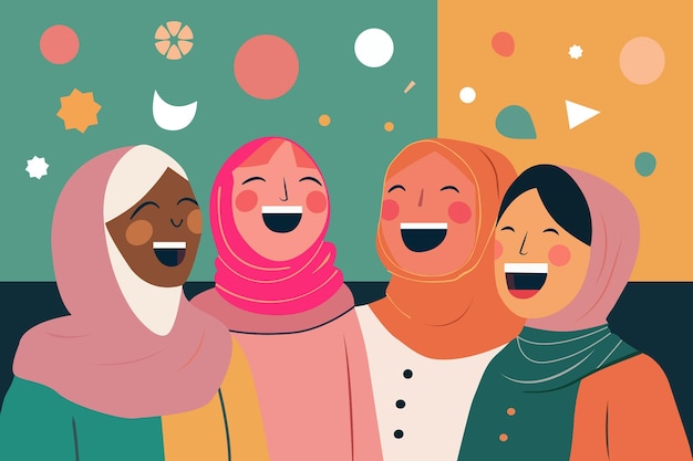 Vector muslim young girls celebrating ramadan