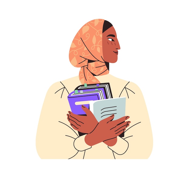 Muslim young woman face avatar Happy Islamic girl in hijab holds books textbooks in hands side view portrait Exchange student user profile Flat isolated vector illustration on white background