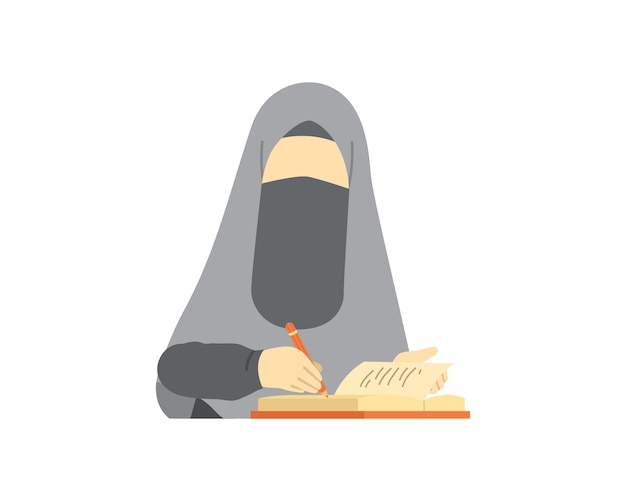 Muslimah girl writing a book illustration